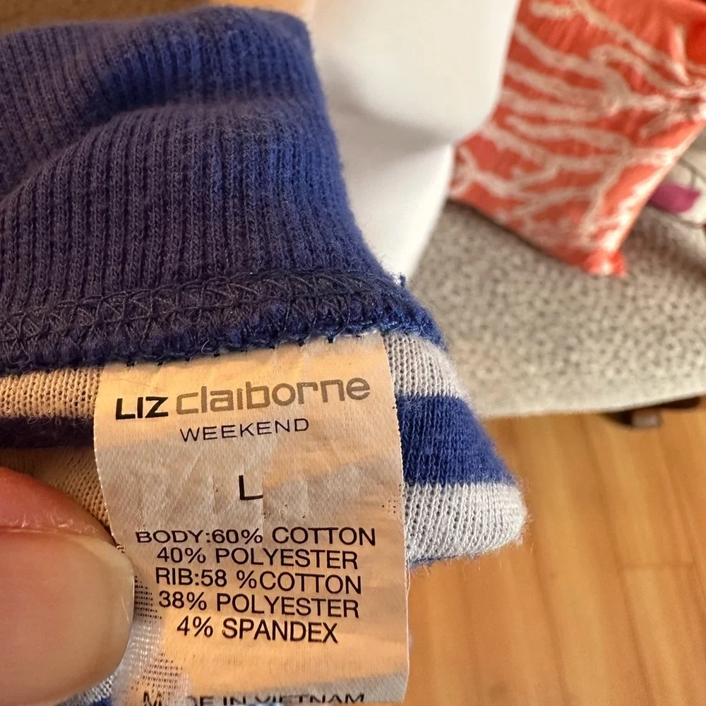 Liz Claiborne Blue Open Front Cardigan weekend royal blue stripes long cozy sz L - Picture 14 of 15